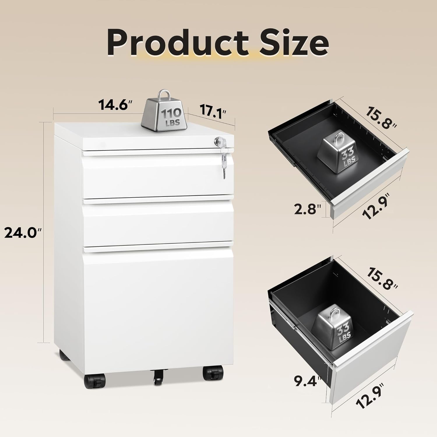 3-Drawer Mobile File Cabinet (Under Office Desk), Assembled except Casters, Fits Letter/Standard Sizes, White