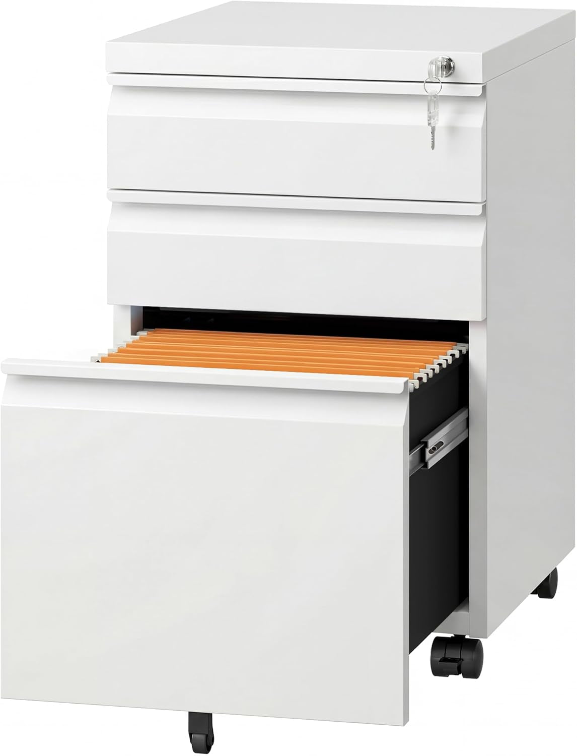 3-Drawer Mobile File Cabinet (Under Office Desk), Assembled except Casters, Fits Letter/Standard Sizes, White