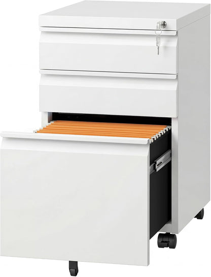 3-Drawer Mobile File Cabinet (Under Office Desk), Assembled except Casters, Fits Letter/Standard Sizes, White