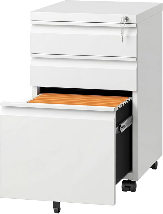 3-Drawer Mobile File Cabinet (Under Office Desk), Assembled except Casters, Fits Letter/Standard Sizes, White