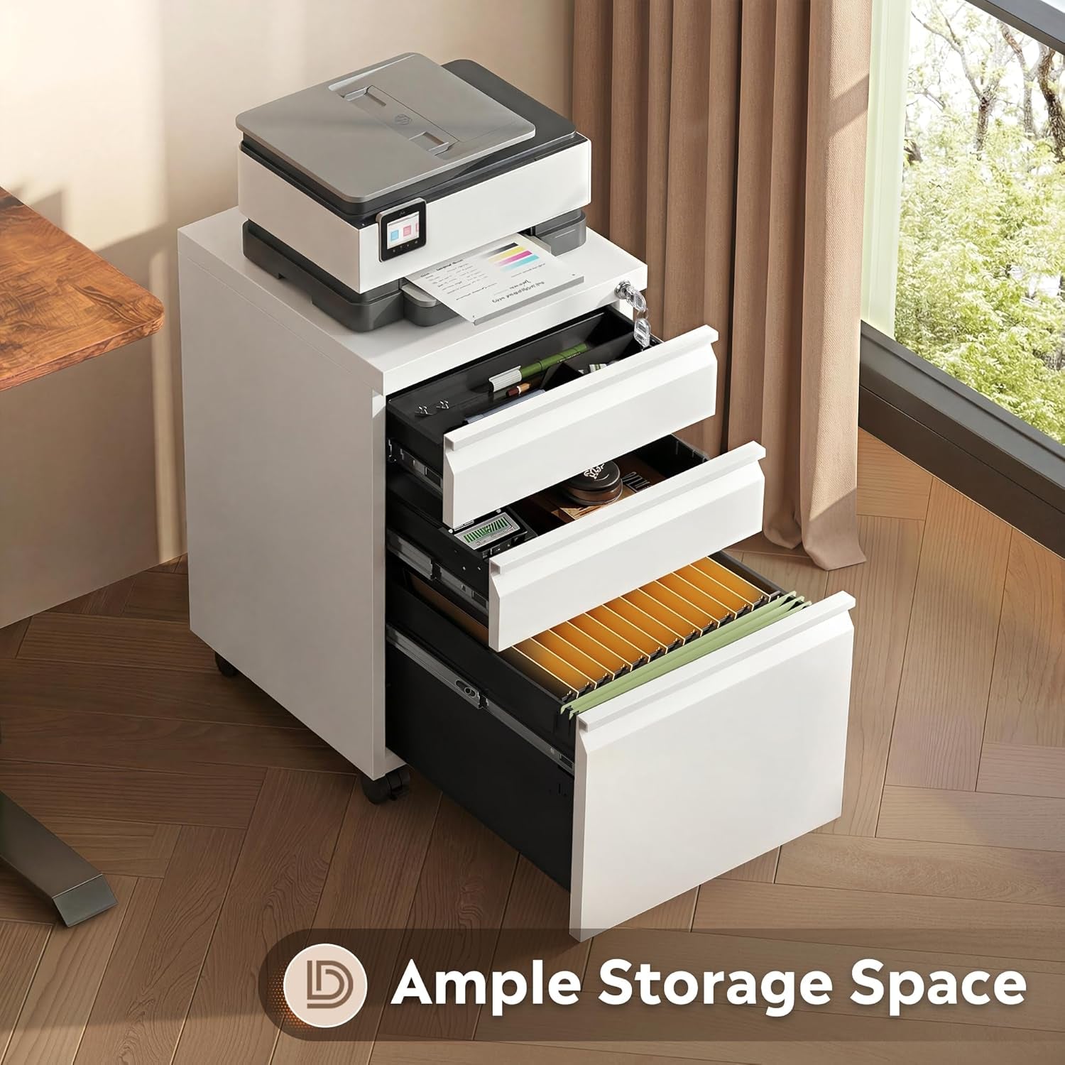 3-Drawer Mobile File Cabinet (Under Office Desk), Assembled except Casters, Fits Letter/Standard Sizes, White