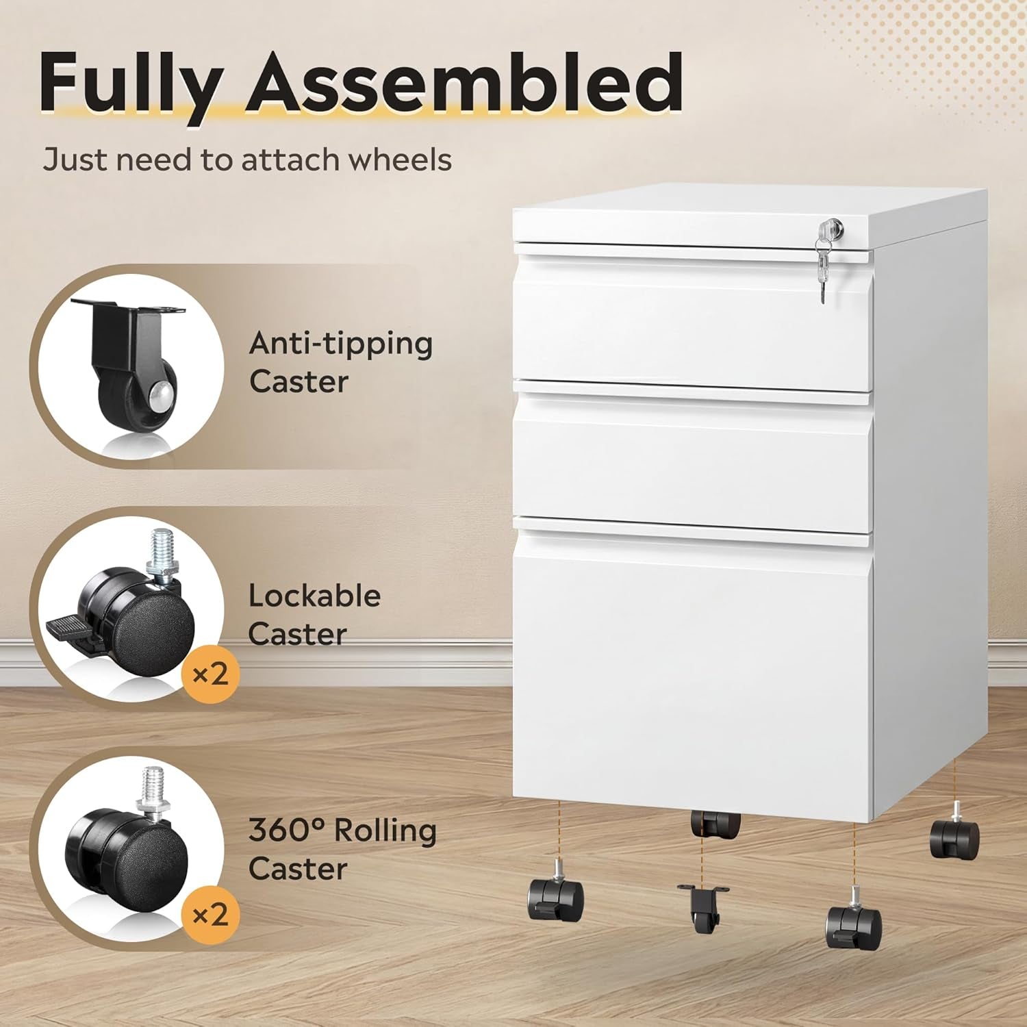 3-Drawer Mobile File Cabinet (Under Office Desk), Assembled except Casters, Fits Letter/Standard Sizes, White