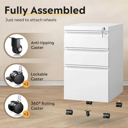 3-Drawer Mobile File Cabinet (Under Office Desk), Assembled except Casters, Fits Letter/Standard Sizes, White